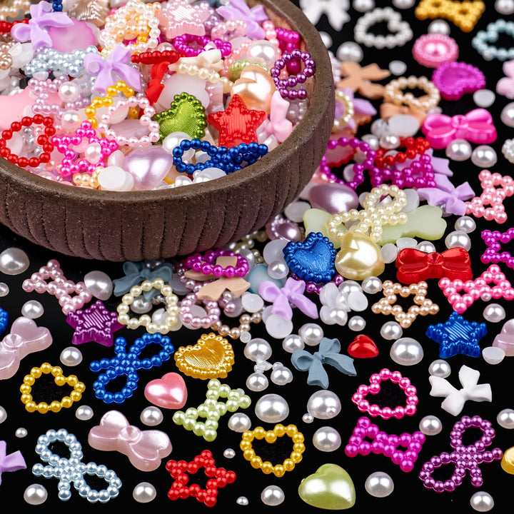600Pcs 3D Multi Shapes Nail Charms and Flatback Pearls, White Mix Styles Heart Star Bow Sunflower Embellishments for Nail Art, Craft and Decoration with Glue Gel, Tweezer and Pickup Pencil