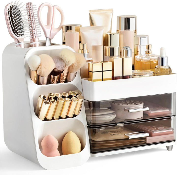 Makeup Organizer with Brush Holder for Vanity, Large Plastic Bathroom Countertop Organizer Skin Care Storage, Easy to Store Lipsticks, Nail Polishes, Perfumes, Eyeshadow Palettes, All White