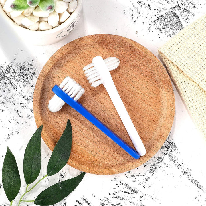 6 Pack Denture Cleaning Brush Dual Head Portable Denture Toothbrush Hard Double Sided Multi-Layered Bristles False Teeth Toothbrush for Care Clean Clear Brace Mouth Guard(Blue White,Flat)