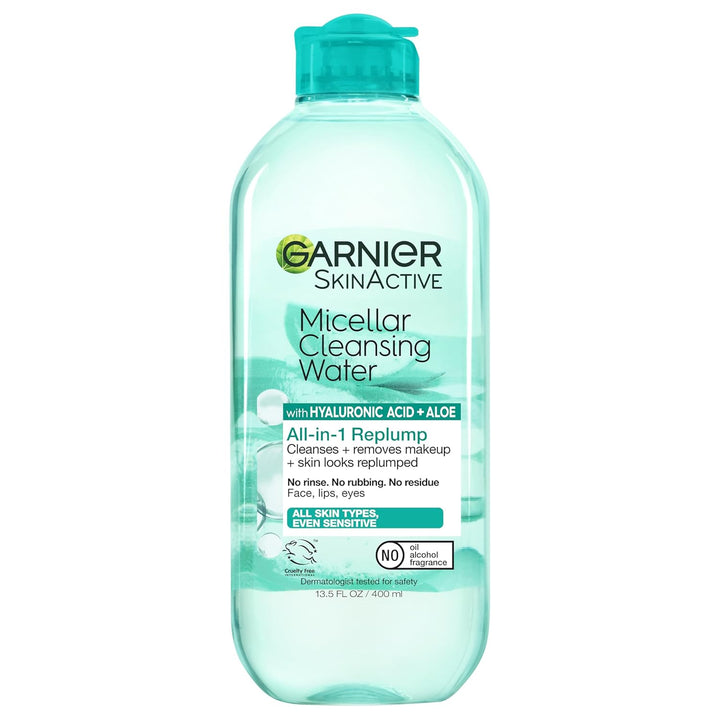 Micellar Water with Hyaluronic Acid, Facial Cleanser & Makeup Remover, Hydrating and Plumping, for All Skin Types, Vegan, Cruelty Free, 13.5 Fl Oz (400Ml), 1 Count