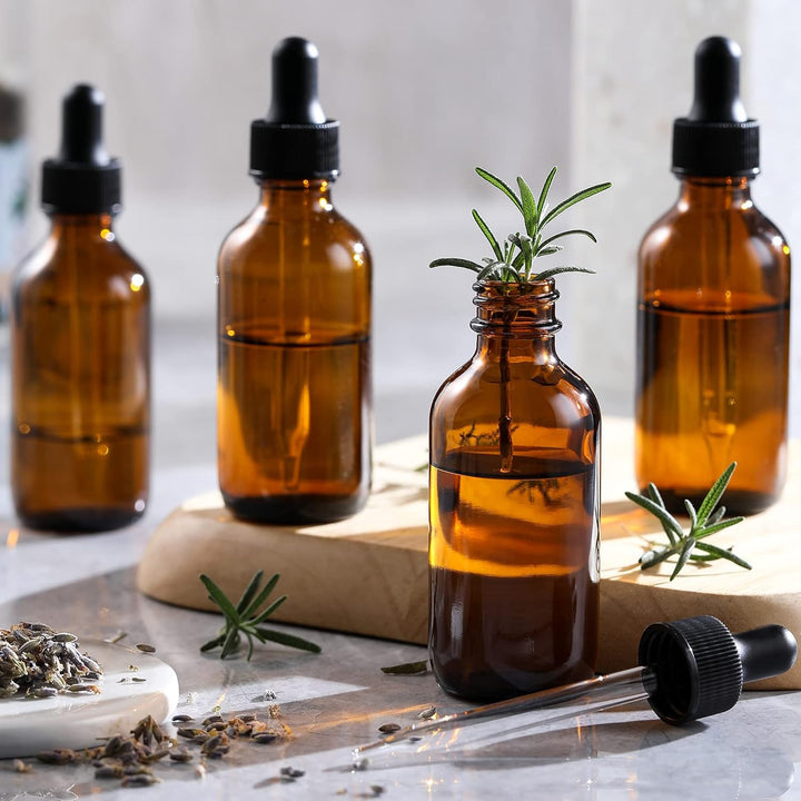 4 Pack, 1 Oz Thick Dark Amber Glass Dropper Bottles with 1 Funnels & 4 Labels - 30Ml Tincture Bottles with Eye Dropper - Leakproof Essential Oils Bottle - Storage and Travel for Beauty or Health