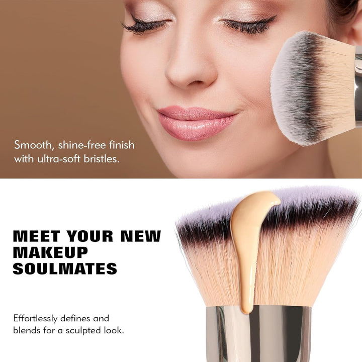 Dual-Ended Foundation Brush: round & Angled Pro-Grade Makeup Brushes, 100% Vegan Synthetic Makeup Brush for Flawless Blending and Application of Liquid, Powder, Cream, Blush