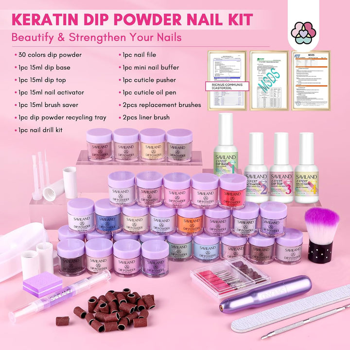 Dip Powder Nail Kit with Drill: Starter Set 30 Colors Summer Spring Keratin Dip Nails Powder with Dipping Liquid Set Activator Base Top Coat Cuticle Oil for DIY Manicure Nail Art