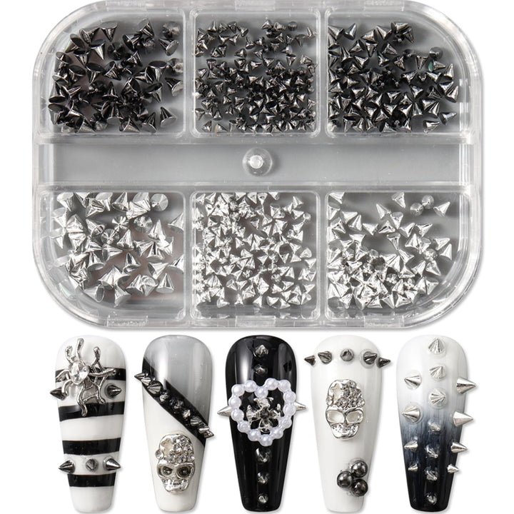 6 Grids Punk Bullet Rivet Nail Charm,3D Alloy Flat Bottomed Pointed Cone Mixed Black Silver Nail Art Rhinestones Studs DIY Crafts Nail Art Charm Spike Nails for Women DIY Nail Decoration Accessories