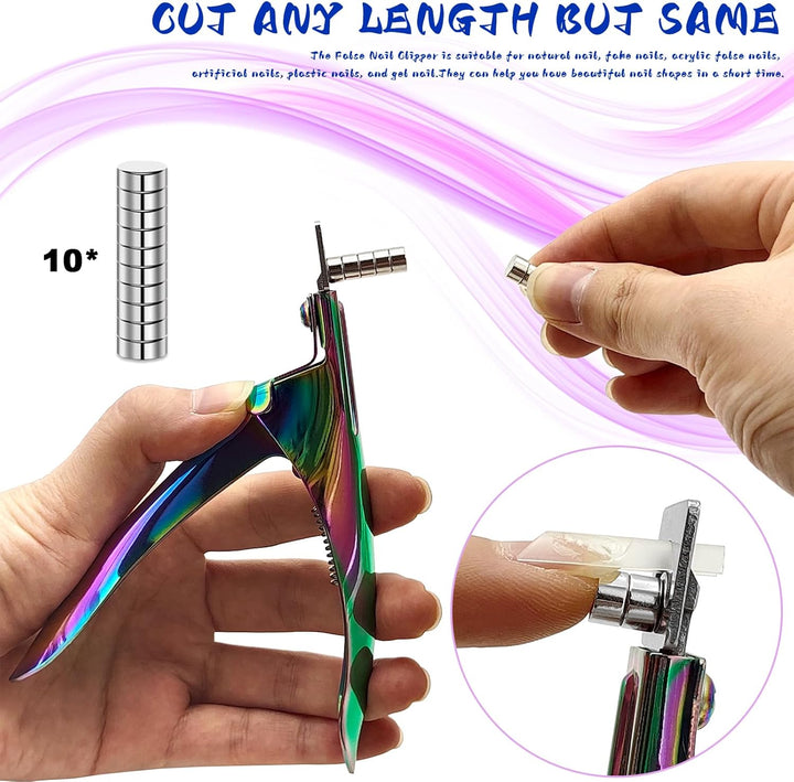 Acrylic Nail Cutter with Magnet Sizer & Length Measurement,Adjustable Stainless Nail Trimmer for Salon Home Nail Art, Professional Nail Clippers for Precise Manicures (Rainbow)