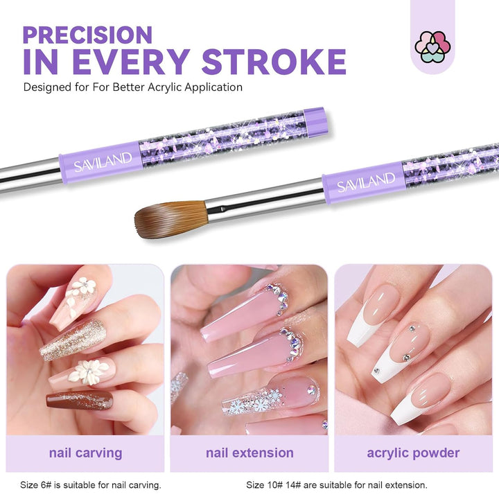 Kolinsky Acrylic Nail Brush Set: Size 6,10,14 Professional Manicure Brushes with Cleaner Tool & Purple Handle for Acrylic Powder,Nail Extensions & 3D Carving - Salon & DIY Nail Art Essentials