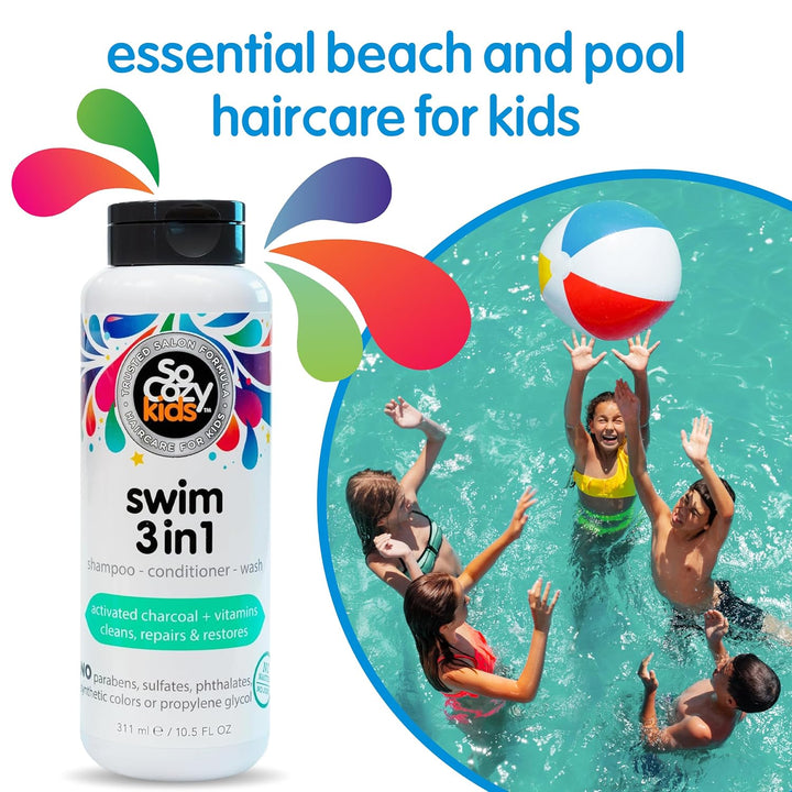 Kids Swim 3-In-1 Shampoo, Conditioner & Body Wash - 3-In-1 Combo Pool Shampoo & Conditioner for Swimmers - Salt & Chlorine Removing Activated Charcoal