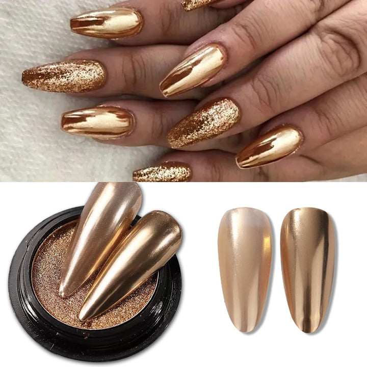 Holographic Mirror Gold Nail Chrome Powder Effect Metallic Dust Sequins UV Gel Gold Chrome Nail Powder Pigment for Nail Art Decoration, Gold Chrome Powder for Nails