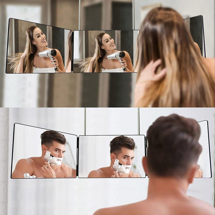 3 Way Mirror for Hair Cutting,360 Trifold Mirror with Height Adjustable Telescoping Hooks,And 5X Magnification,For Makeup, Hair Styling
