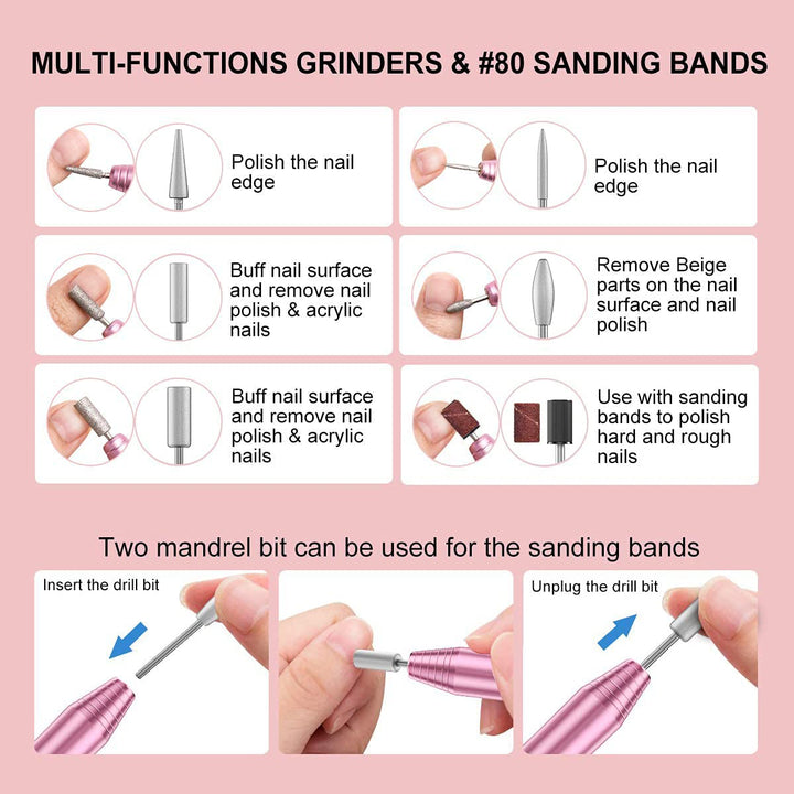 Electric Nail Drill,Usb Electric Nail Drill Machine for Acrylic Nail Kit,Portable Electric Nail File Polishing Tool Manicure Pedicure Kit Efile Nail Supplies for Home Salon,Pink