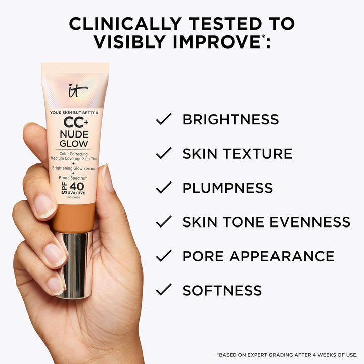 CC+ Nude Glow - Medium Coverage Foundation with SPF 40 & Brightening Glow Serum, Lightweight Skin Tint, 2% Niacinamide + Hyaluronic Acid, up to 24H Hydration, Normal/Dry Skin - 1.08 Fl Oz
