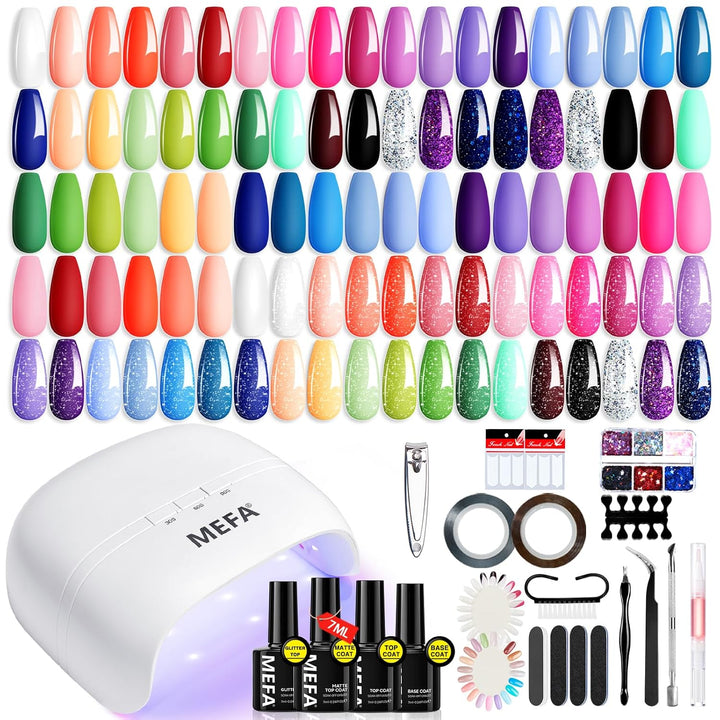 42 Colors Gel Nail Polish Kit with U V Light, 59 Pcs All Seasons Collection Colorful Gel Polish Essential Set with 5 Psc Matte/Glossy Base Top Coat, Salon Gifts for Women