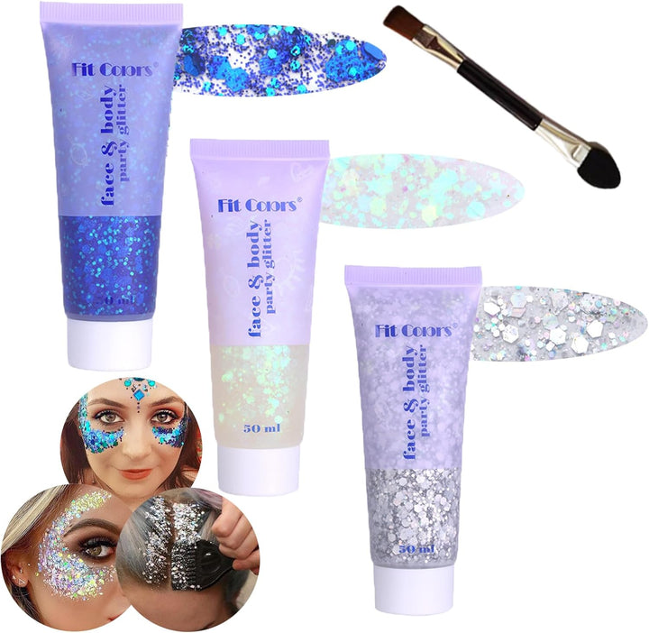 Body Glitter Face Glitter Gel: Singer Concerts Disco Festival Rave Accessories Face Glitter Makeup 150Ml Chunky Sequins Mermaid Face Body Hair Glitter Gel (White&Silver&Pink)
