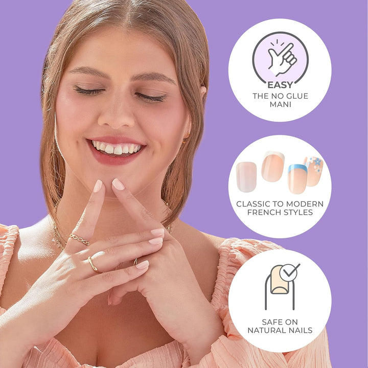 KISS  No Glue Mani Press on Nails, French, 'Model', Light Neutral + White Tip French, Short Size, Squoval Shape, Includes 30 Nails, Prep Pad, Instructions Sheet, 1 Manicure Stick, 1 Mini File