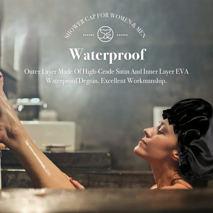 Extra Large Reusable Shower Cap for Men, Women (Black 4 Pack ) Satin Double Layer EVA Waterproof Long Hair Cap