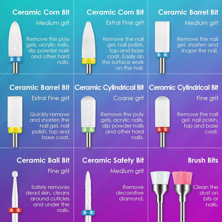 26Pcs Nail Drill Bits Set, 3/32Inch Professional Ceramic Safety Bits for Nail Drill, Cuticle Efile Nail Drill Bits, Remover Bits for Acrylic Gel Nail Tech Manicure Pedicure, Home Salon