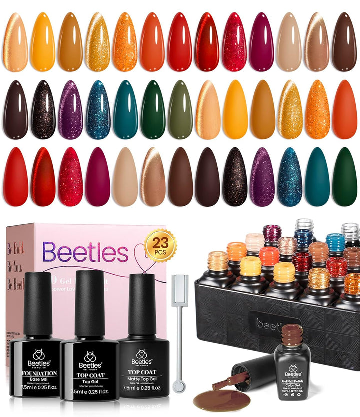 Beetles Gel Nail Polish Kit, 23Pcs Fall Nude Pink Brown Burgundy Red Gel Polish Set with Base Top Coat Verse of Roses Kit, Soak off Uv Gel Golden Glitter Holiday Nail for Women