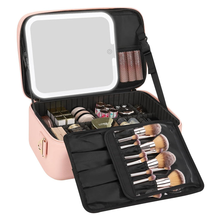 Travel Makeup Bag with LED Mirror, Cosmetic Train Case with Light up Mirror, Portable Makeup Artist Organizer Bag with Adjustable Dividers, Makeup Brush Holder Storage, Black