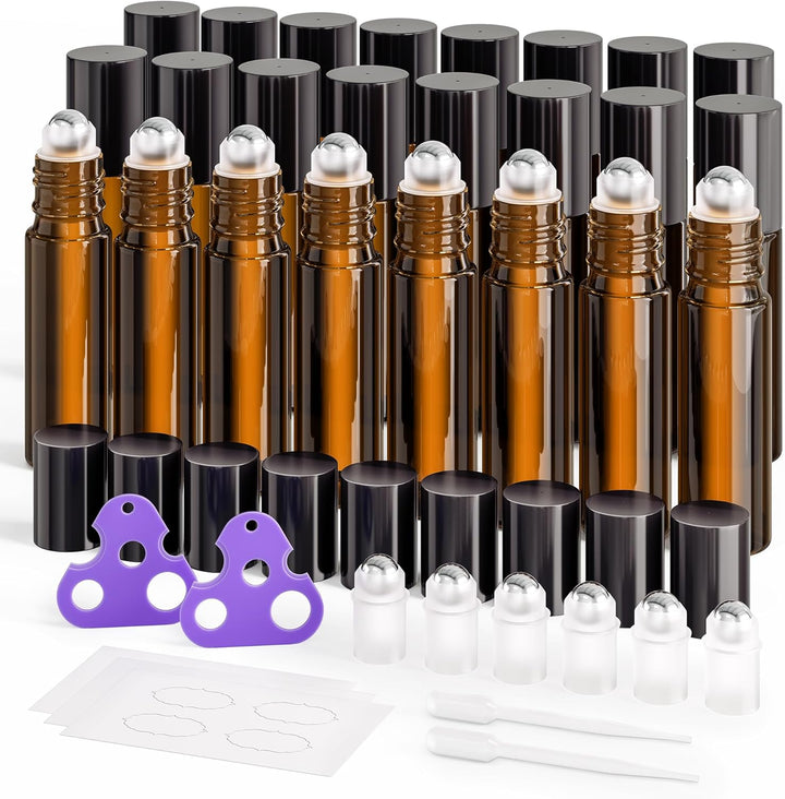 48-Pack Essential Oil Roller Bottles 10Ml, Empty Bottles with Stainless Steel Roller Balls and Waterproof Labels, Amber Roller Balls for Essential Oils
