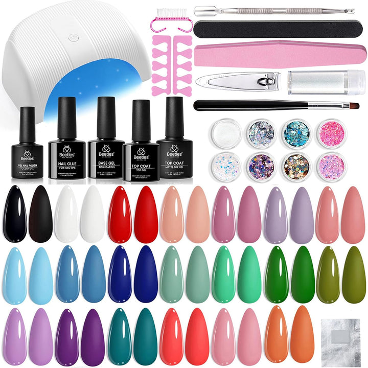 Beetles Gel Nail Polish Kit with U V Light -54 Pcs Gel Nail Kit Four Seasons Glow 32 Colors Set with Base Matte & Glossy Top Coat Soak off Home DIY Manicure Nails Beginners Gifts for Women Teen Girls