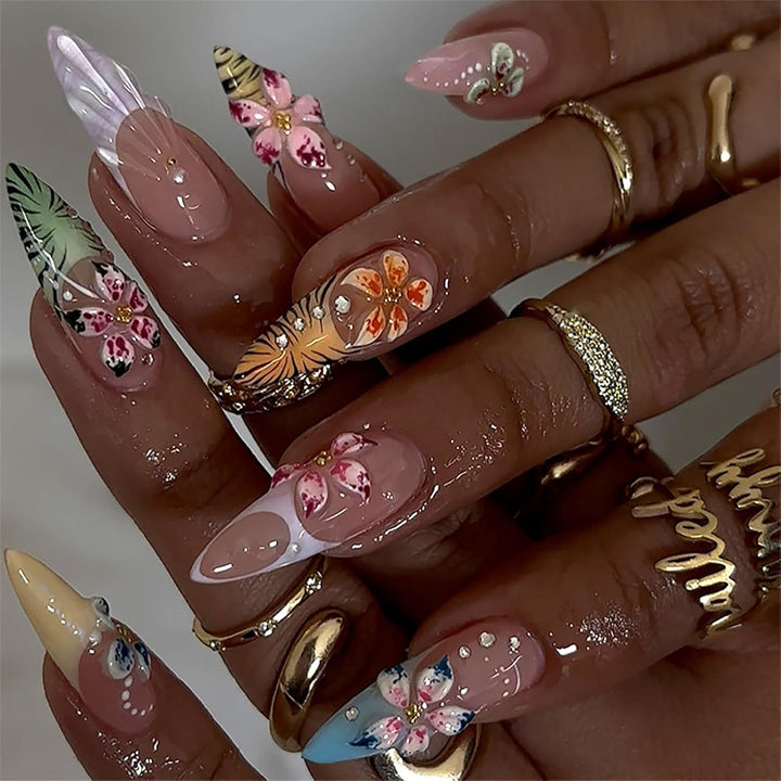 Medium Almond 3D Brown Gold Flower Press on Nails-‎ Tortoiseshell Leopard French Tip Blossom Gradient Design,24Pcs Handmade Fall/Autumn/New Year Glue on Acrylic Fake Nail Press Ons for Women