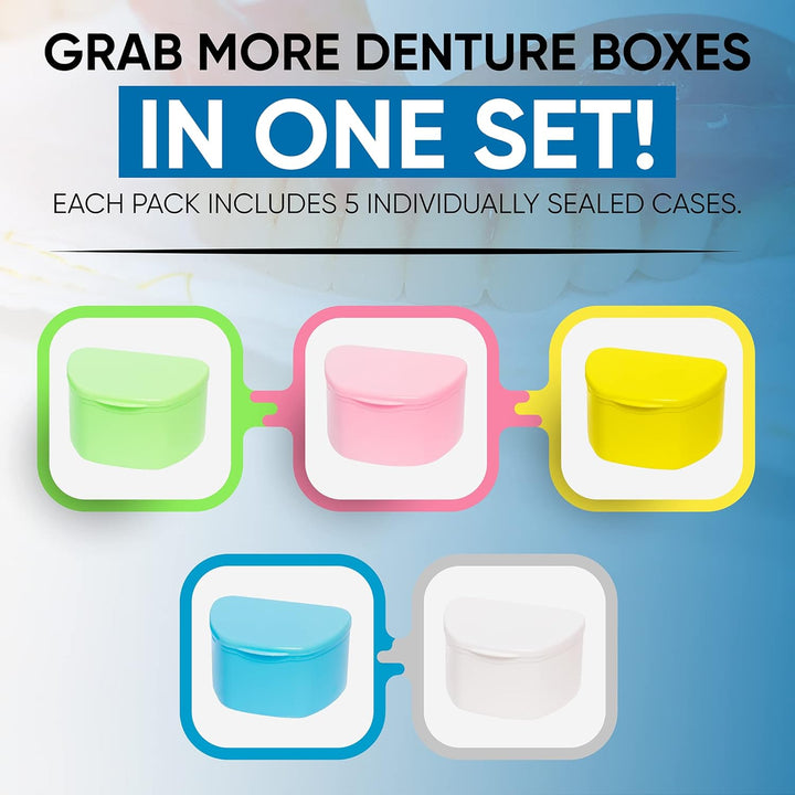Denture Cases 5 Color Pack - Dental Box for Artificial Teeth, Mouth Guard, Night Guard, Gum Shields, Retainer - Denture Bath Container for Women and Men - Travel Denture Cup by