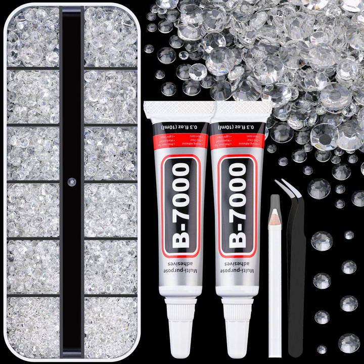 6100Pcs Resin Rhinestones for Crafting with 2Pcs 10Ml B7000 Jewelry Glue, 1 Box Flatback Crystals Diamond (Clear) for Bedazzling Crafts DIY Nail Art Non Hotfix Gems for Clothing Shoes Tumblers