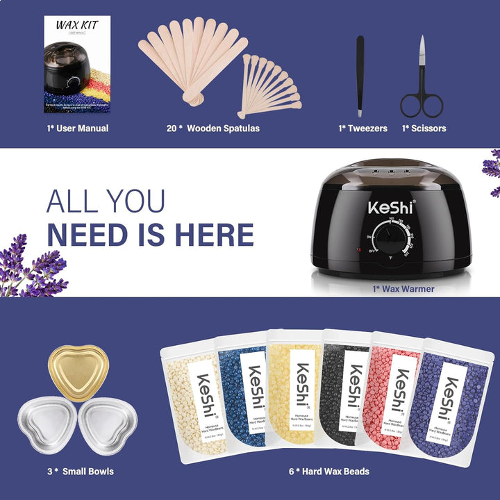 Waxing Kit, Painless Hair Removal Wax Warmer with 6 Bags Hard Waxbeans for Full Body, Legs, Face, Eyebrows & Bikini— Ideal for Both Women & Men