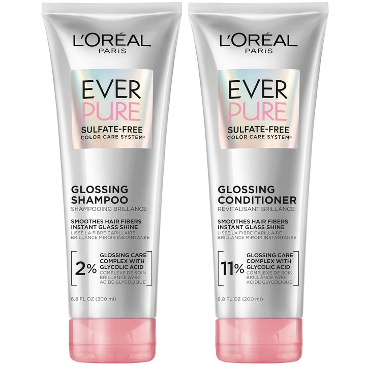 Glossing Sulfate Free Shampoo and Conditioner Set with Glycolic Acid, Hair Care for Lasting Shine and Smoothness for Dull, Dry Hair, Everpure, 1 Kit