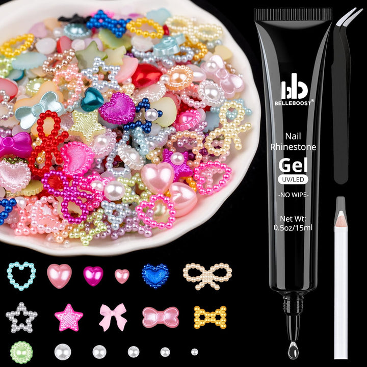 1200Pcs 3D Multi Shapes Nail Charms and Flatback Pearls, White&Pink Mix Styles Heart Star Bow Sunflower Embellishments for Nail Art, Craft and Decoration with Tweezer and Pickup Pencil