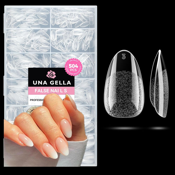Almond Gel Nail Tips, 504PCS Pre Etched Clear Fake Nails Tips Medium Almond Shape - 12 Sizes Full Cover Soft Acrylic Press on Nail Extensions No C Curve Gift for Diy at Home
