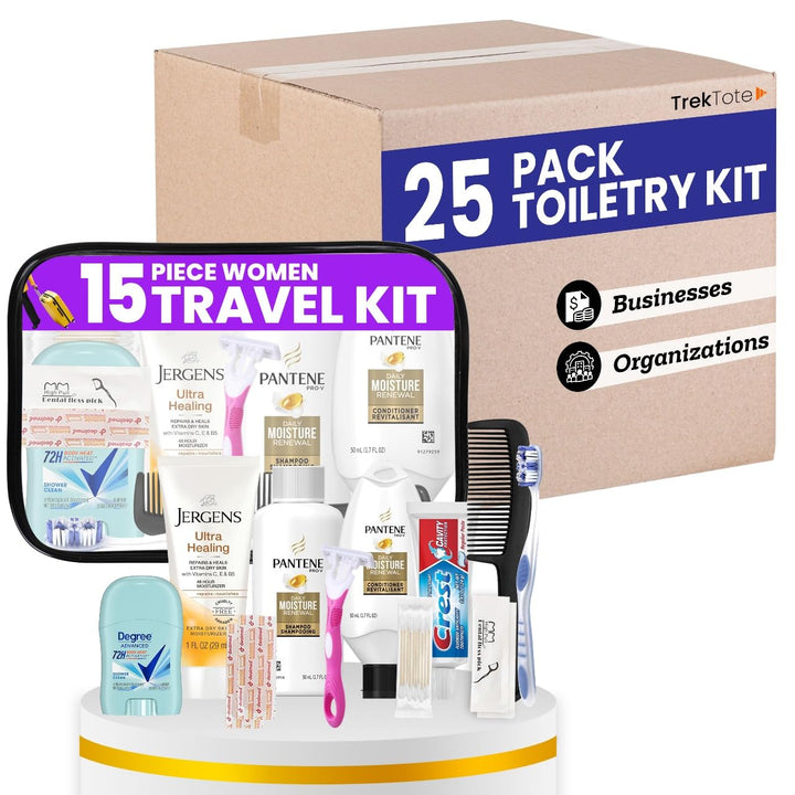Travel Toiletry Kit for Women – 15 Piece Set of Premium Travel Size Toiletries, TSA Compliant Travel Essentials, Includes Shampoo and Conditioner, Body Wash, Toiletry Bag & More