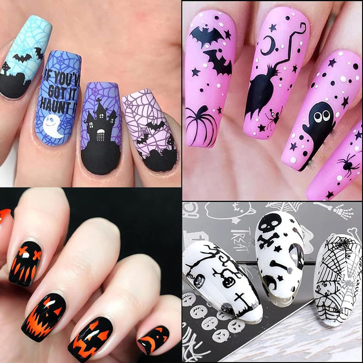 Halloween Nail Stamper Kit 6 Pcs Nail Plates +1 Nail Stamper + 1 Nail Scraper Horror Skull Spider Ghost Bat Nail Art Design Template Nail Stencils Plates Nail Supplies Tools Nail 8Pcs Set