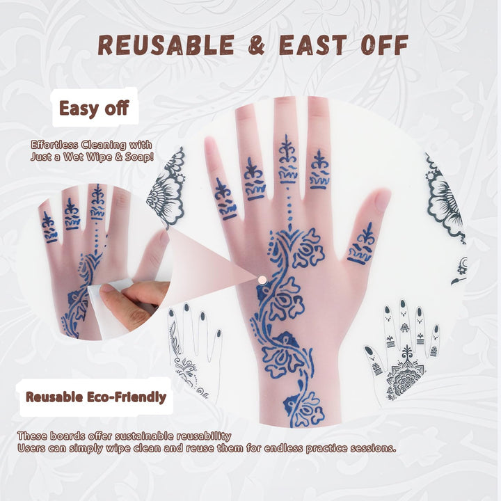 Reusable Henna Tattoo Practice Boards 2 Pack Henna Hand Practice Templates for Homemade Henna, Mehendi Heena Beginner, Aritist for Mehendi Art, 2 Skin Tones
