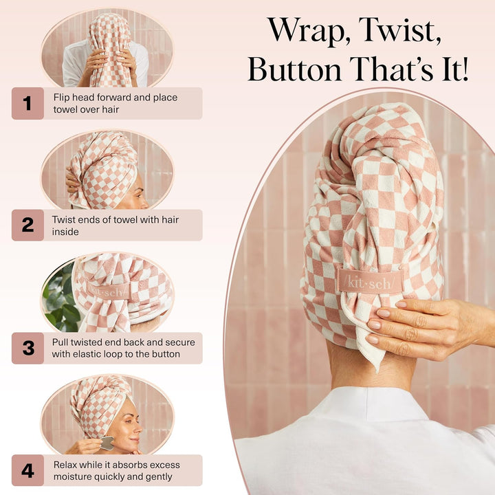 XL Microfiber Hair Towel Wrap for Women – Ultra Absorbent Microfiber Towel for Wet, Curly, Long or Short Hair – Quick Dry, Anti-Frizz Hair Wrap – Terracotta Checkered, 40X24 Inches
