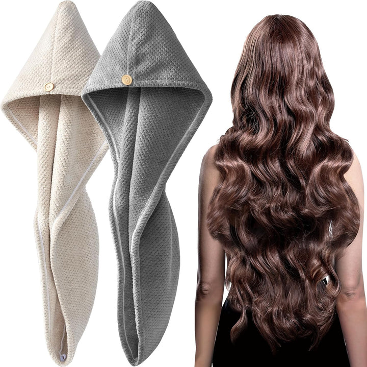 2 Pack Microfiber Hair Towel Wrap for Women, Super Absorbent Quick Dry Hair Turban for All Hair Style anti Frizz, Large Hair Drying Towel with Button