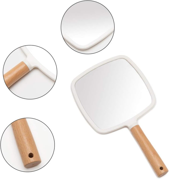 Hand Held Mirror with Handle for Makeup,Small Cute Wood Hand Mirror for Shaving with Hole Hanging Single-Sided Portable Travel Vanity Mirror for Men&Women(Square)