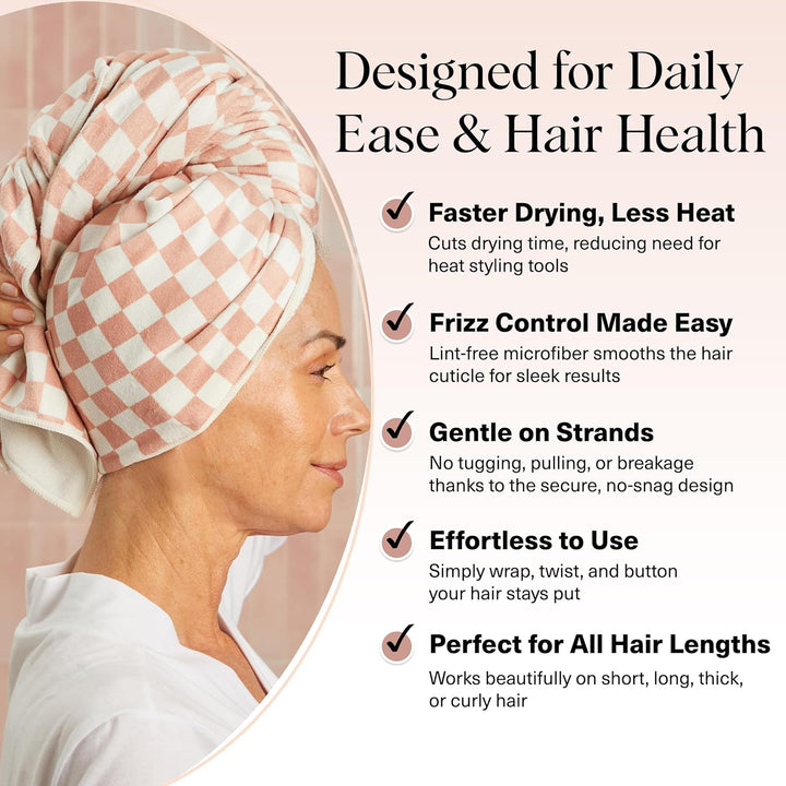 XL Microfiber Hair Towel Wrap for Women – Ultra Absorbent Microfiber Towel for Wet, Curly, Long or Short Hair – Quick Dry, Anti-Frizz Hair Wrap – Terracotta Checkered, 40X24 Inches