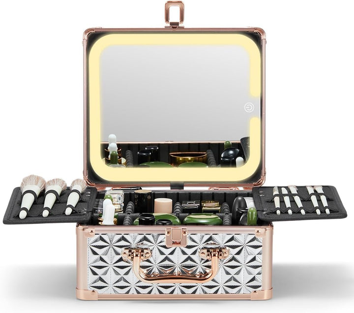 Makeup Box with a Detachable Lighted Mirror, Waterproof Travel Train Case, Cosmetic Organizer and Makeup Suitcase with Adjustable Dividers, Magnetic LED Mirror (Black)