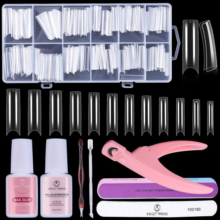 Fake Nail Tips White Clear:  No C Curve Tapered Square Nail Tips for Acrylic Nails - 480Pcs 12 Sizes Extra Long Straight Nail Extension Kit - with Glue Remover & Glue Acrylic Clippers Set