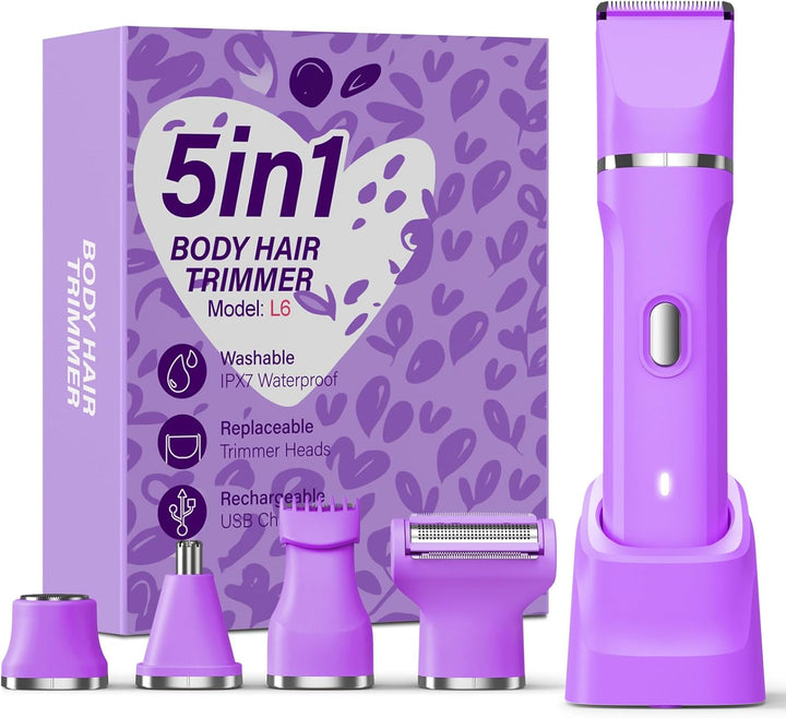 5-In-1 Bikini Trimmer for Women, IPX7 Waterproof Electric Razors Shaver, Cordless Body Hair Trimmer, Facial & Pubic Hair Removal, Ceramic Blade (White)