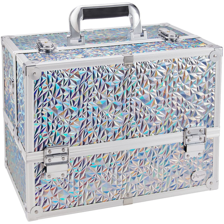 Makeup Train Case Professional Adjustable - 6 Trays Cosmetic Cases Makeup Storage Organizer Box with Lock and Compartments 14 Inch Large Black