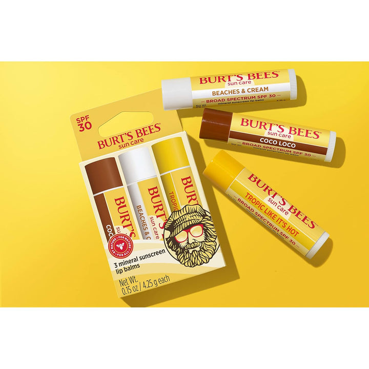 Burt’S Bees SPF 30 Lip Balm, Island Getaway - Coco Loco, Beaches & Cream, Tropic like It'S Hot, Water-Resistant Sun Care, Natural Origin Lip Treatment, 3 Tubes, 0.15 Oz