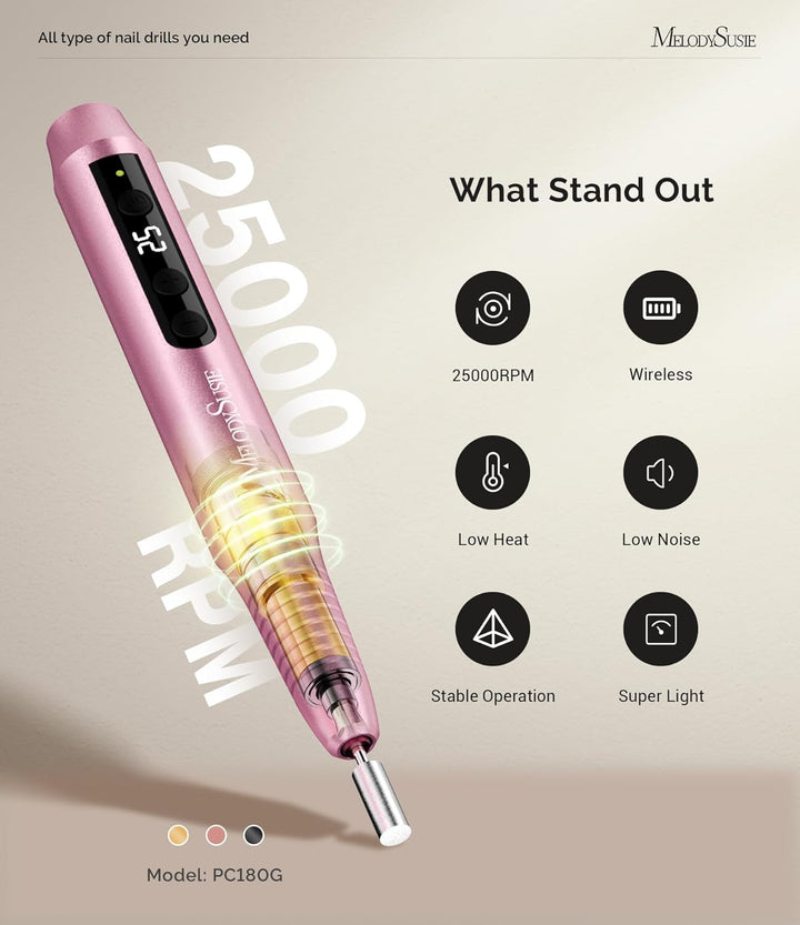 Cordless Nail Drill, PC180G 25,000RPM Rechargeable Electric Nail File with Nail Drill Bits,Sanding Bands