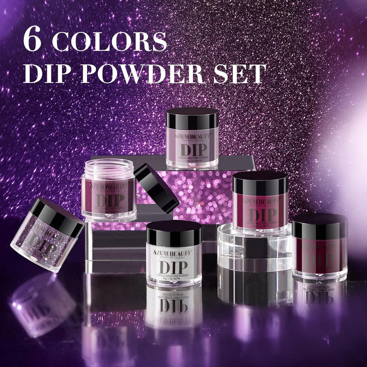 Dip Powder Nail Set, 6 Colors Fall Winter Purple Rose Red Glitter Natural Dipping Powder Starter Kit, French Nail Art Manicure DIY Salon, No Need Nail Lamp Cured