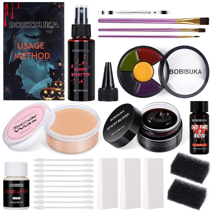Demonic Special Effects SFX Halloween Makeup Kit - 5 Colors Bruise Makeup Face Body Painting Palette + Scar Wax with Spatula Tool + Fake Blood Splatter Spray + Fake Blood Cream +Stipple Spong
