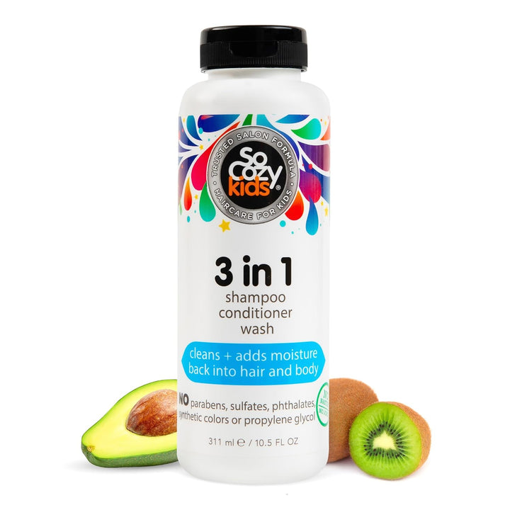 Socozy 3 in 1 Kids Shampoo + Conditioner + Body Wash (16 Fl Oz) Gentle, Hydrating Hair & Body Cleanser with Keratin, Vitamin B5, & Kiwi Extract, Paraben & Sulfate-Free