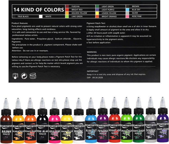 Professional Tattoo Ink Set 14 Colors 1OZ (30Ml) Vegan-Friendly Pigment Tattoo Ink Supplies Ink...
