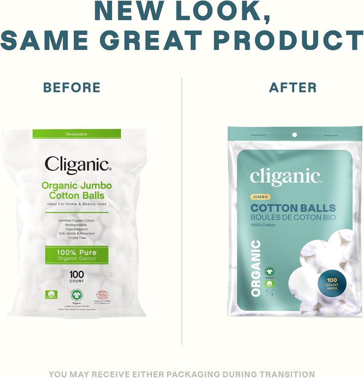 Organic Super Jumbo Cotton Balls (100 Count) - Hypoallergenic, Absorbent, Large Size, 100% Pure (Packaging May Vary)