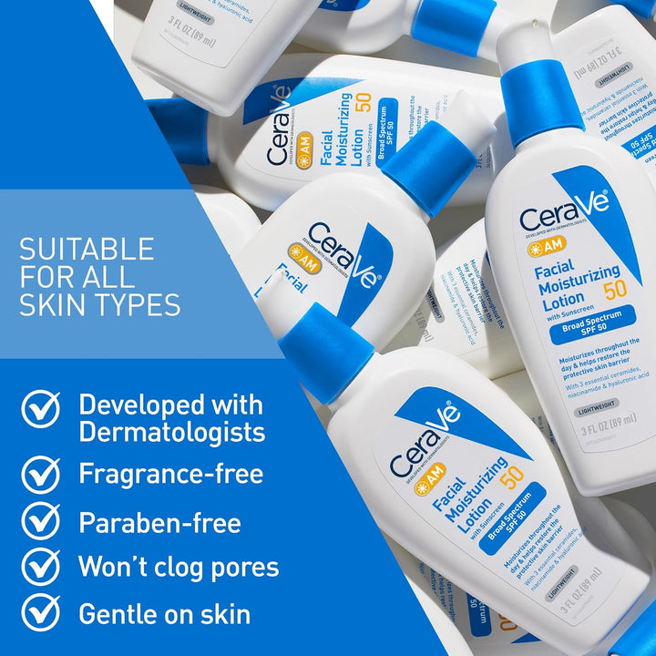 AM Facial Moisturizing Lotion SPF 50, Face Moisturizer with SPF, Hyaluronic Acid, Niacinamide & Ceramides, Non-Greasy, Blends Seamlessly with No White Cast, Non Comedogenic Sunscreen, 3 Oz